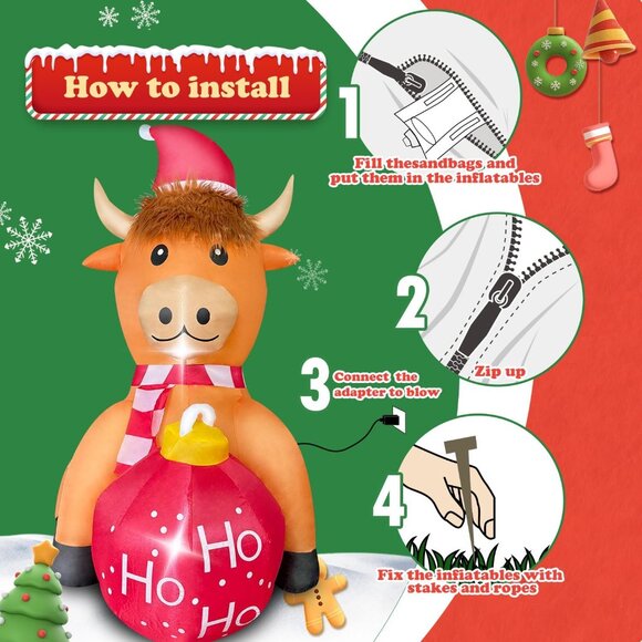 4FT Christmas Inflatable Cow with LED Lights Blow Up Yard Garden Holiday Decor - Picture 6 of 7
